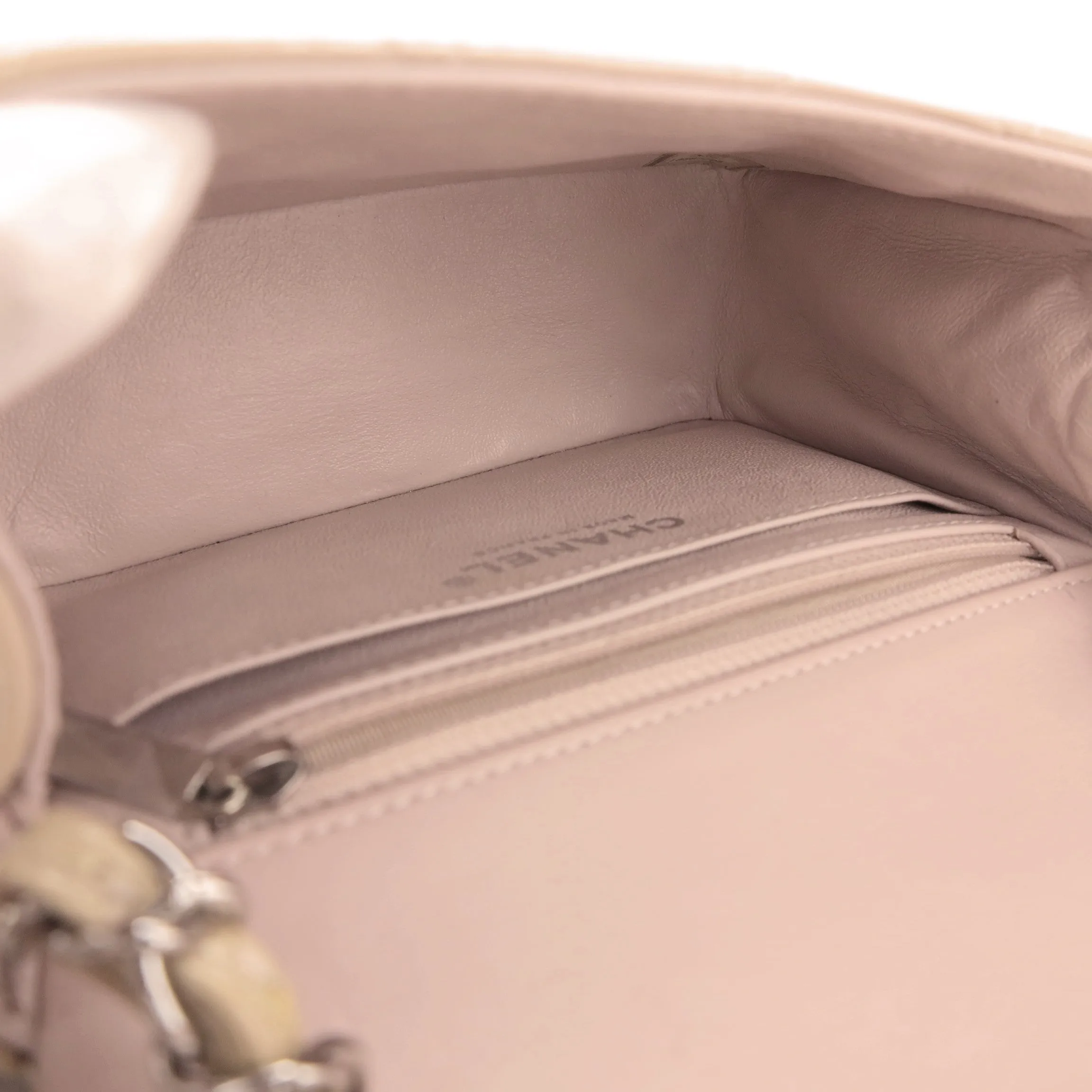 Classic Mini Square Flap Bag in Beige Patent Leather
