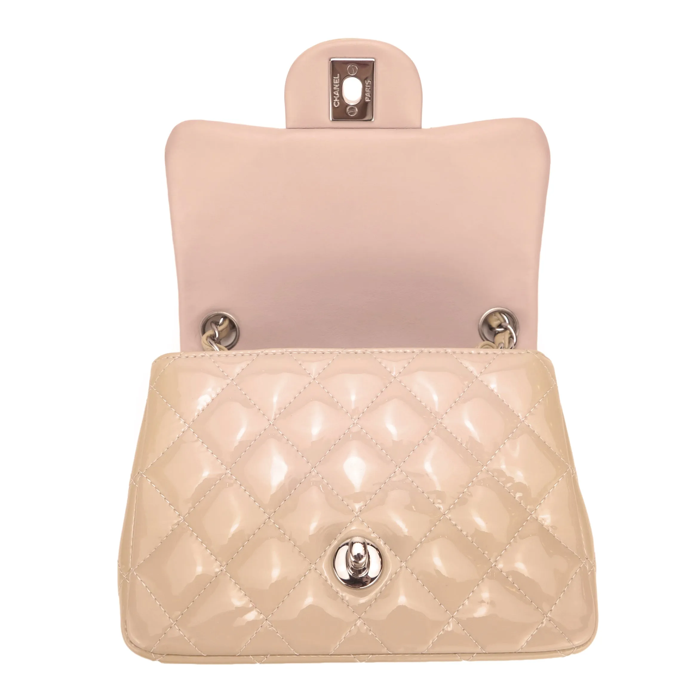 Classic Mini Square Flap Bag in Beige Patent Leather
