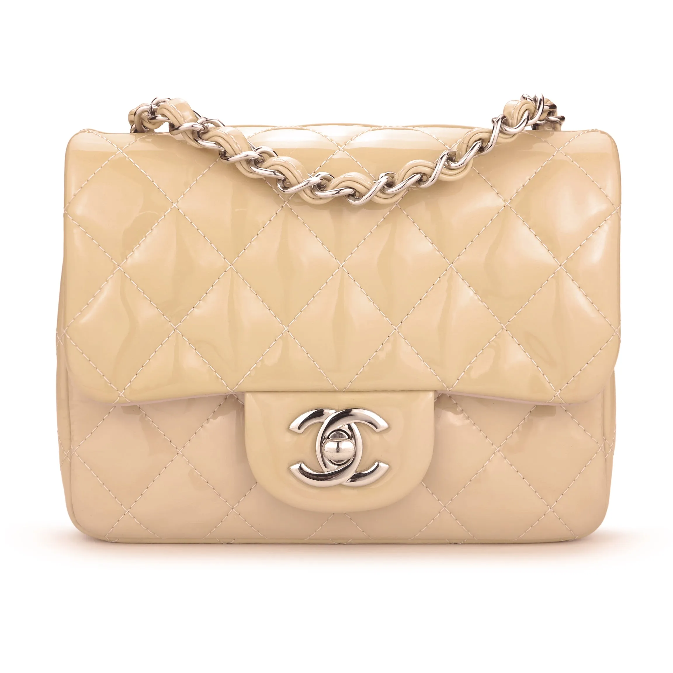 Classic Mini Square Flap Bag in Beige Patent Leather