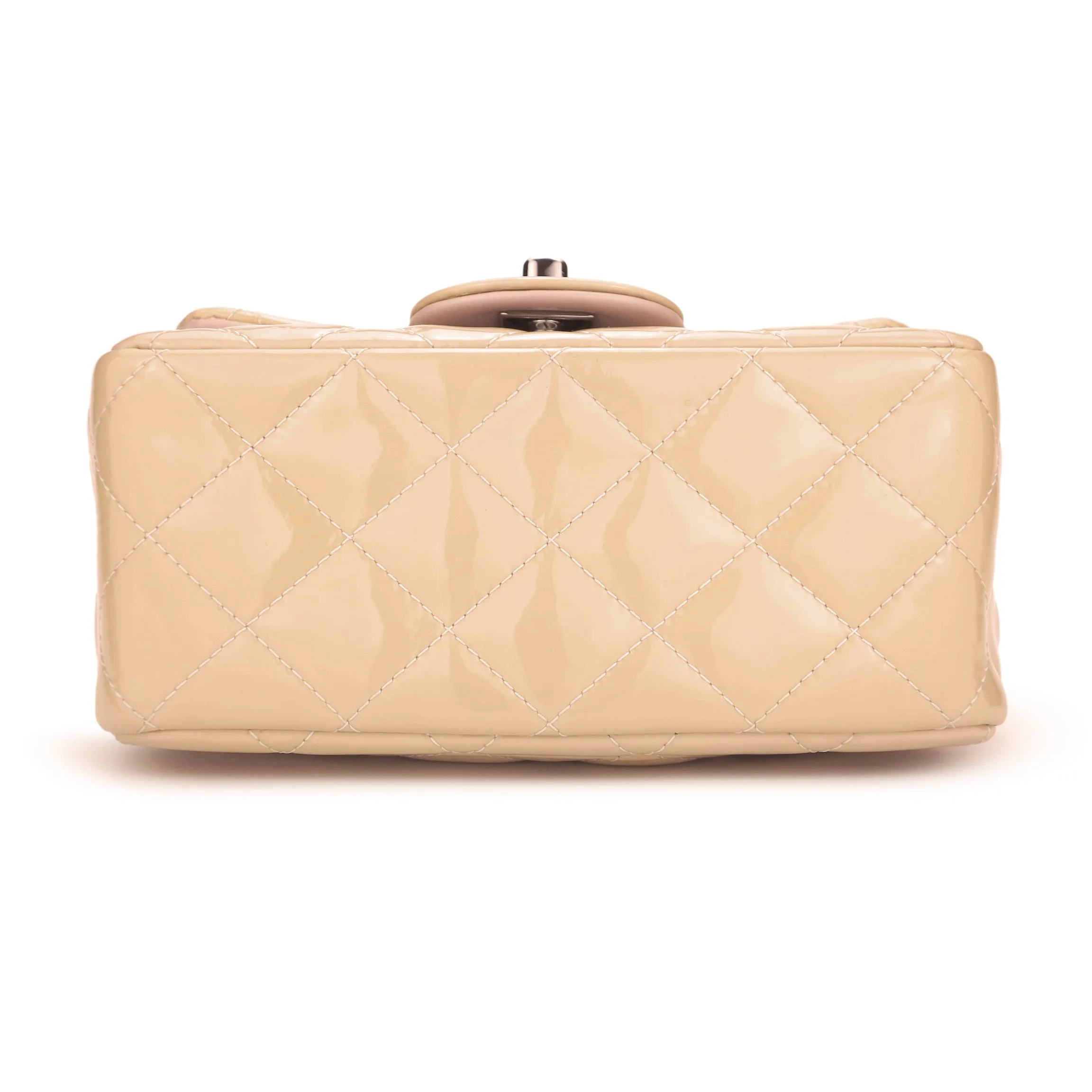 Classic Mini Square Flap Bag in Beige Patent Leather