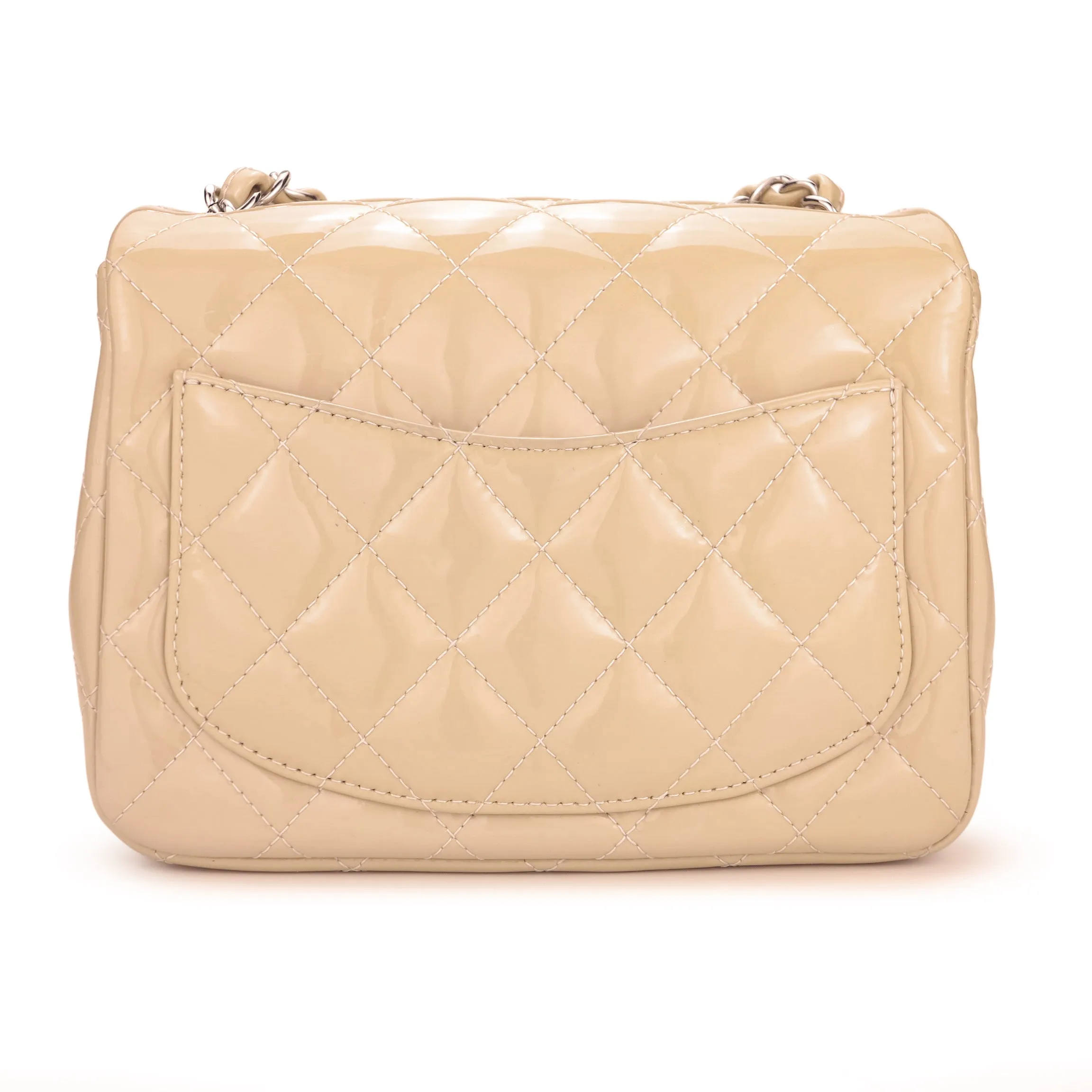 Classic Mini Square Flap Bag in Beige Patent Leather