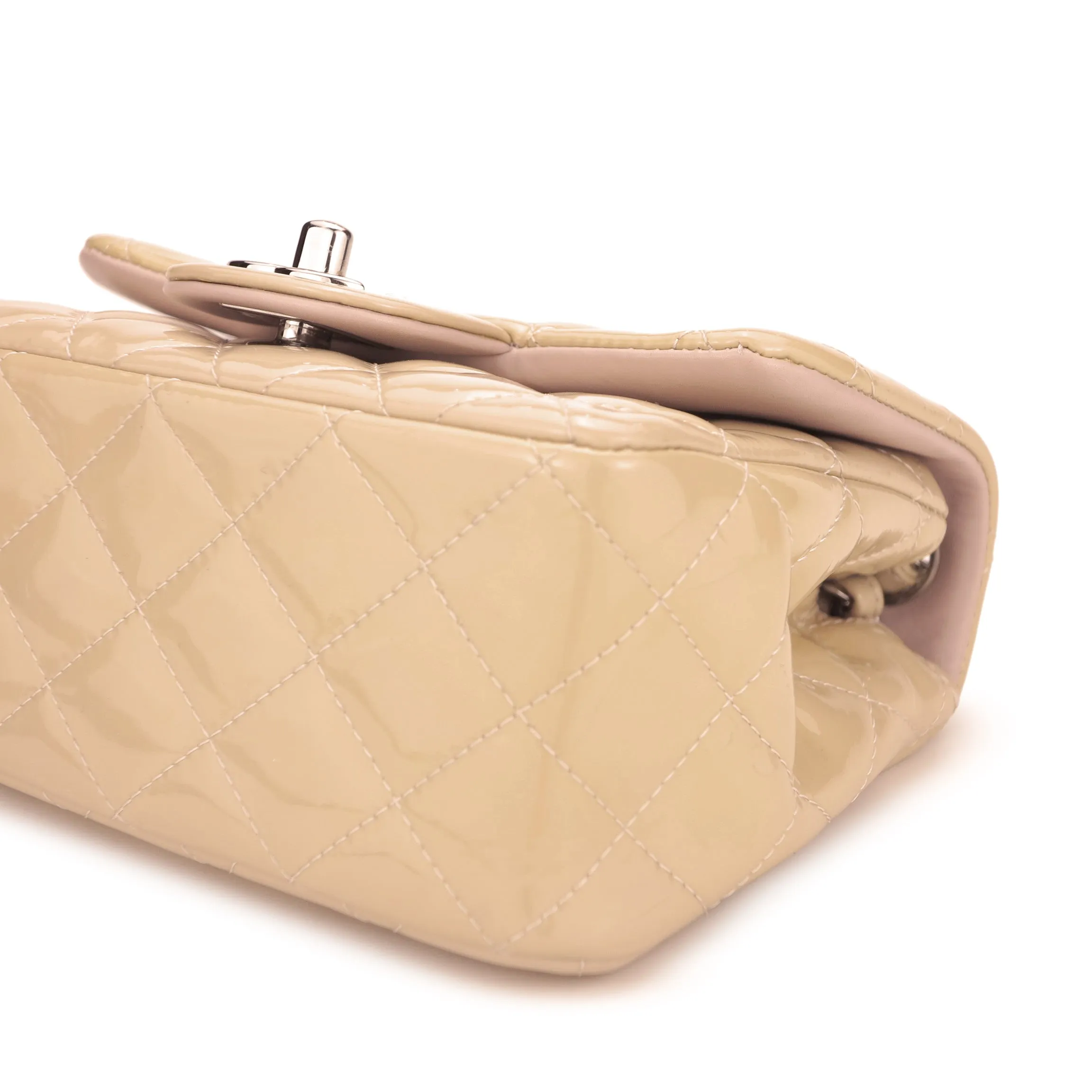 Classic Mini Square Flap Bag in Beige Patent Leather