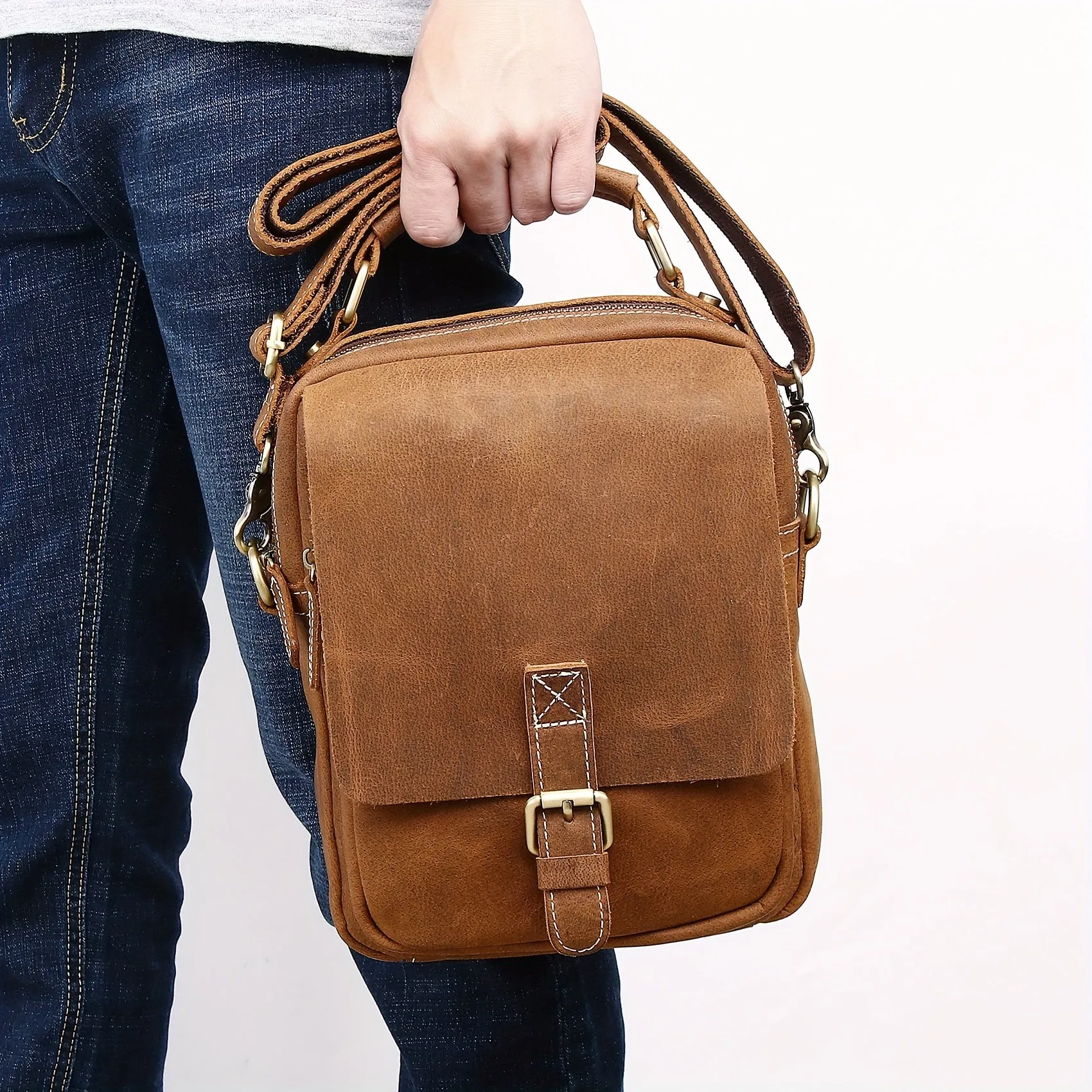 Classic Vintage Leather Messenger Bag Adjustable Strap Crossbody Shoulder Bag