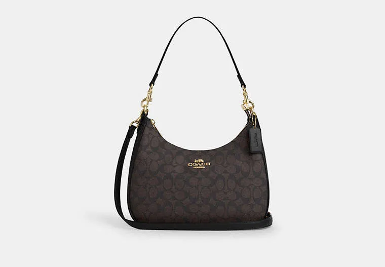 Coach Teri Hobo Bag In Signature Canvas Signature Canvas-Gold-Walnut-Black