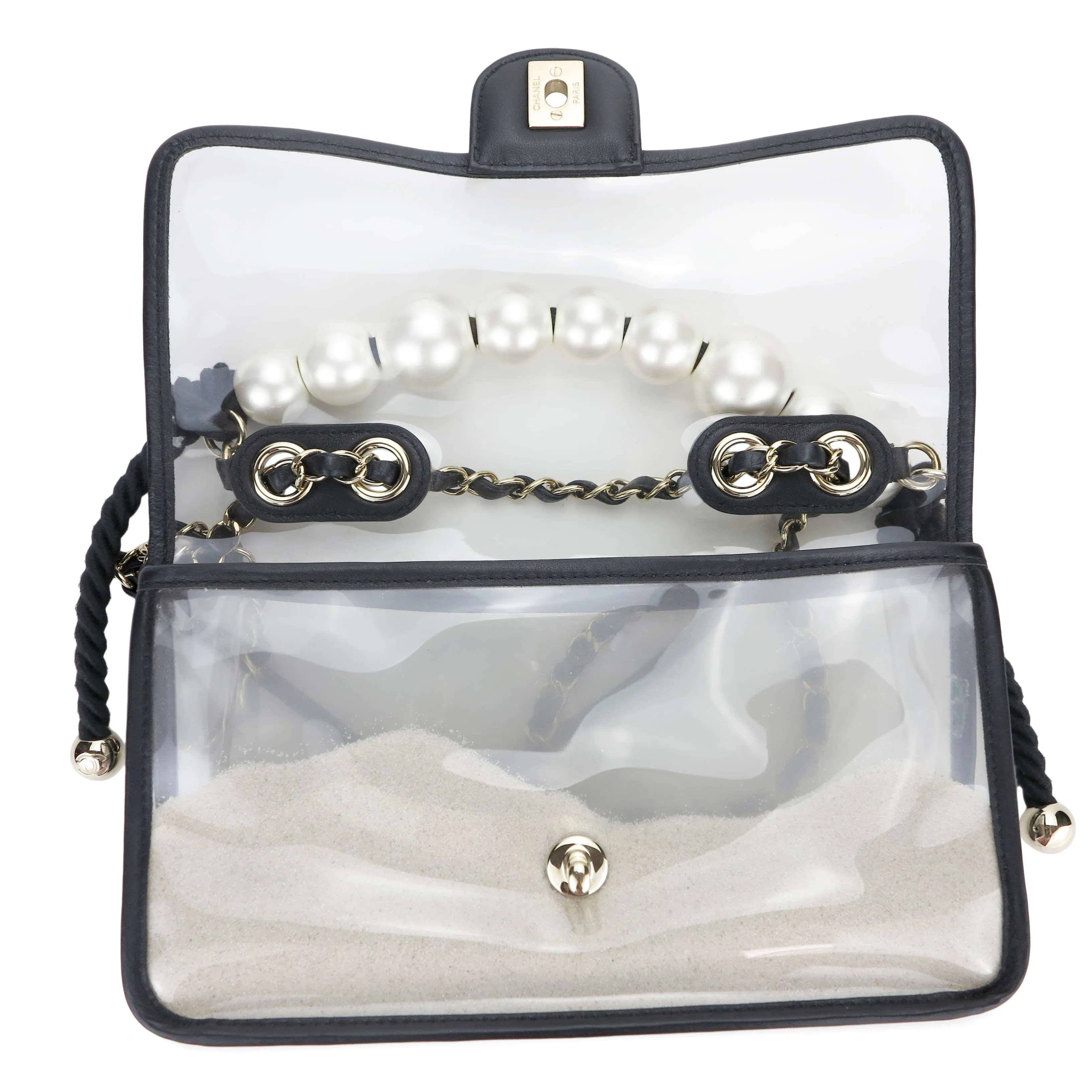 Coco Sand Pearl Strap PVC Medium Flap Bag