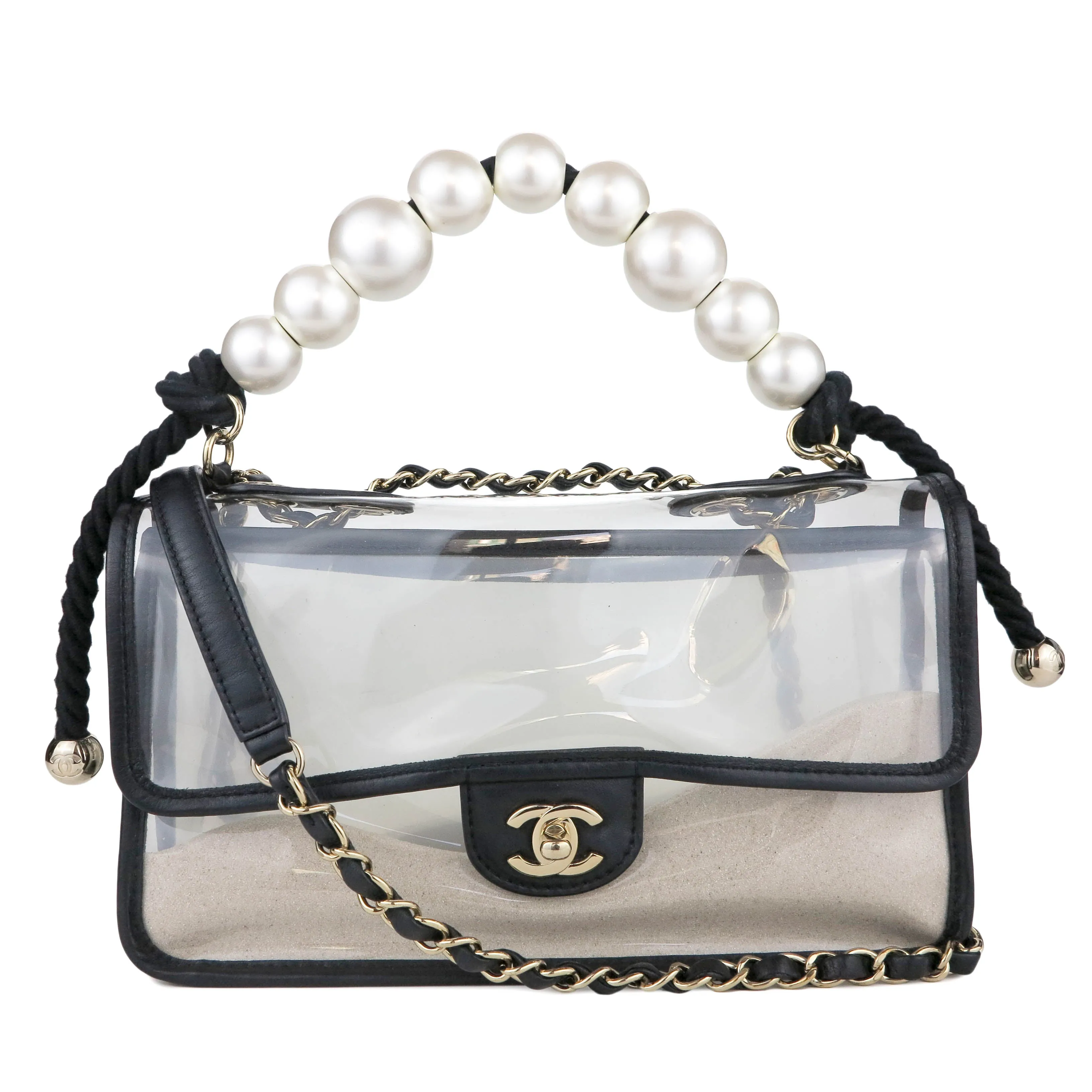 Coco Sand Pearl Strap PVC Medium Flap Bag
