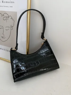 Croc Embossed Shoulder Bag - Black