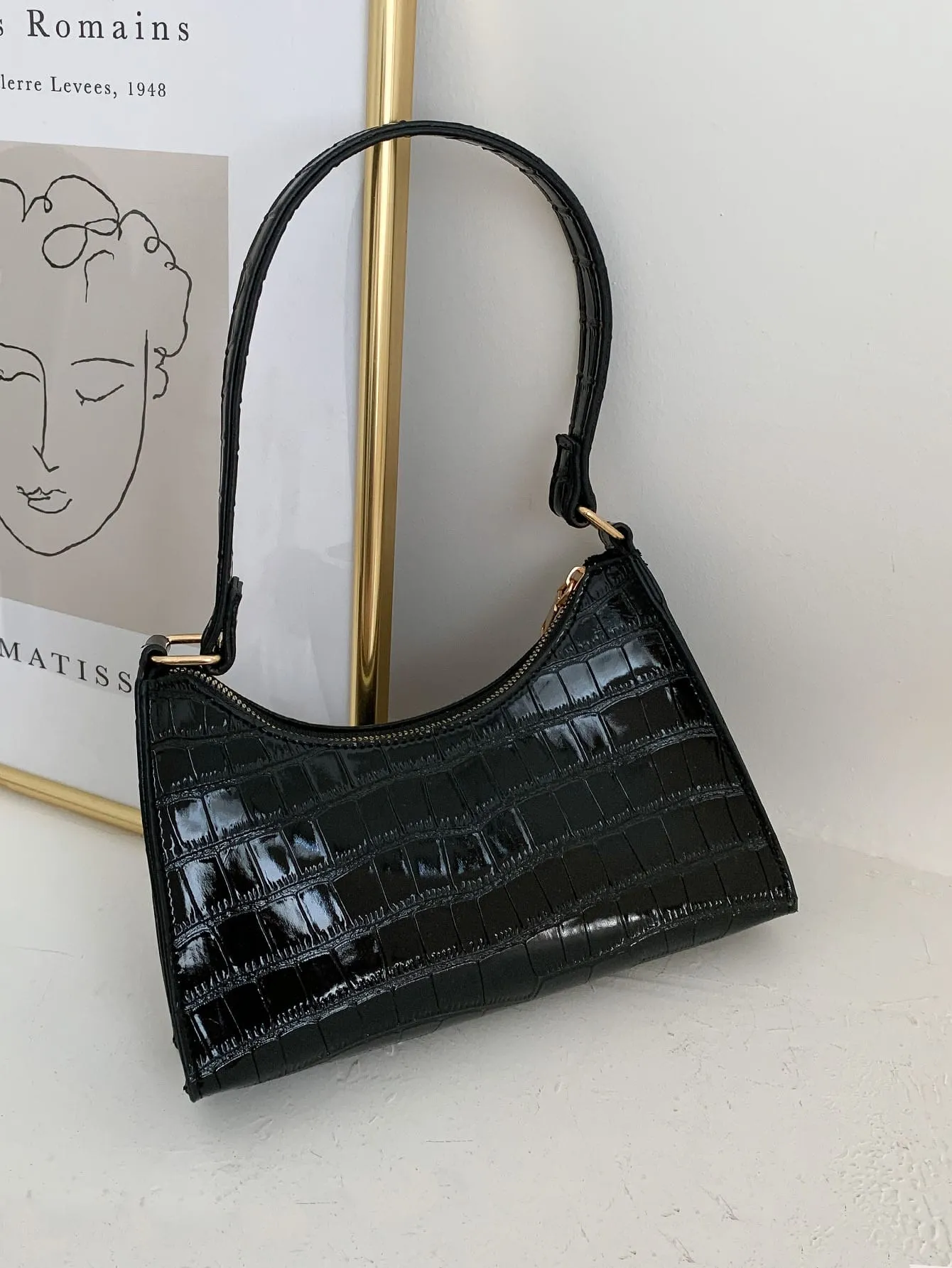 Croc Embossed Shoulder Bag - Black