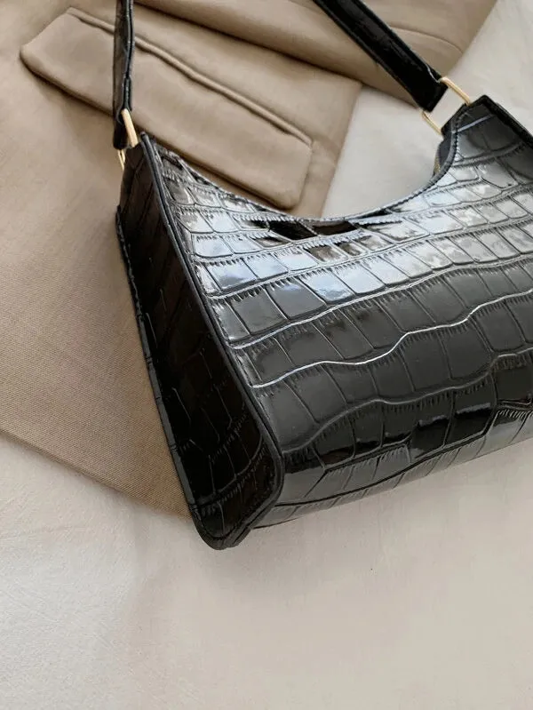 Croc Embossed Shoulder Bag - Black