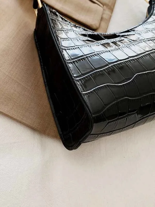 Croc Embossed Shoulder Bag - Black