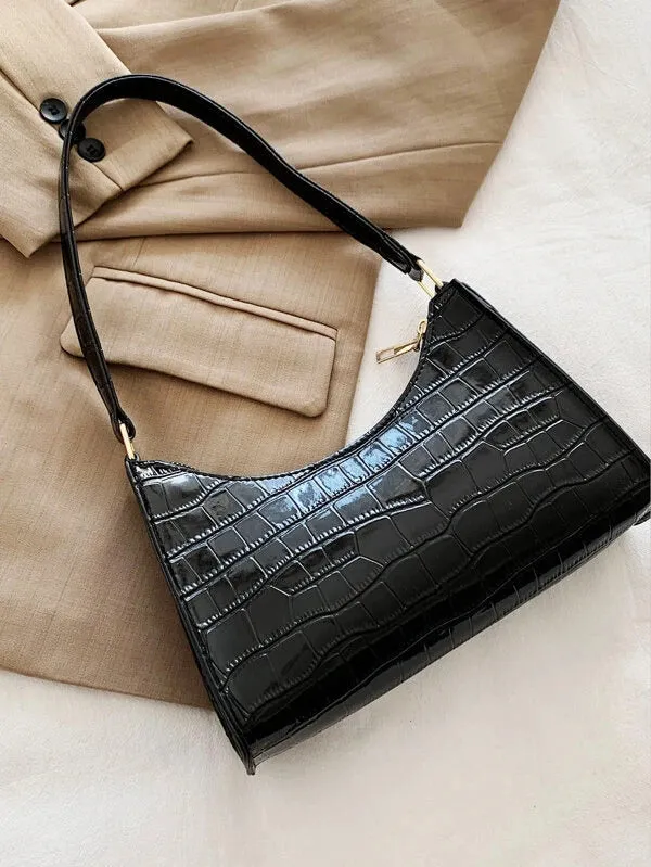 Croc Embossed Shoulder Bag - Black