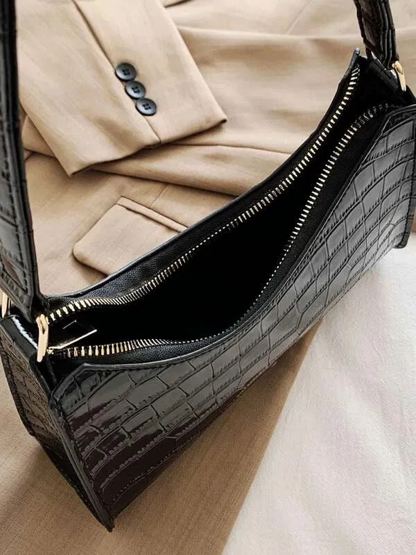 Croc Embossed Shoulder Bag - Black