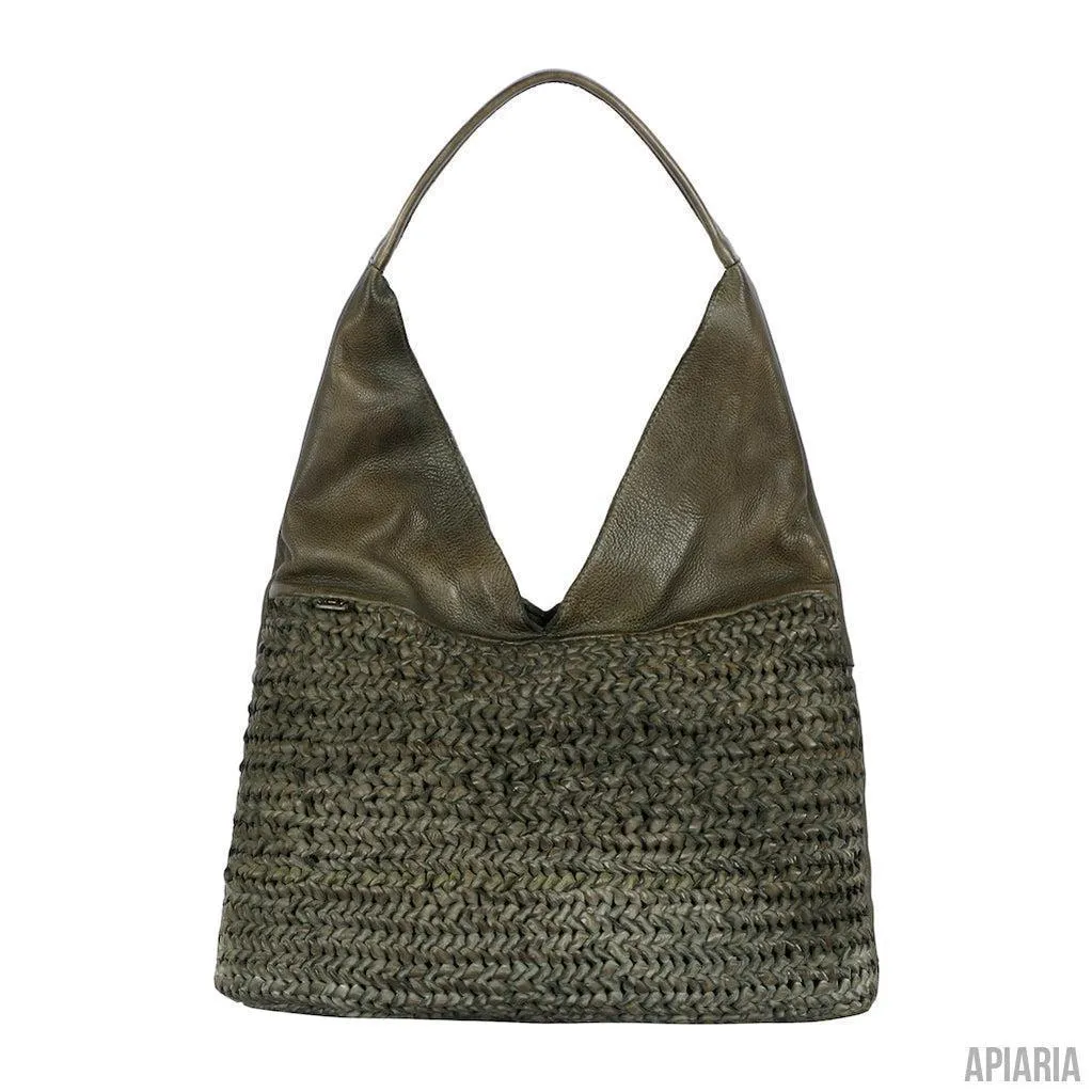 Crocheted Leather Hobo Bag with 5 Pockets