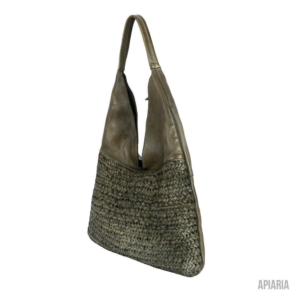Crocheted Leather Hobo Bag with 5 Pockets