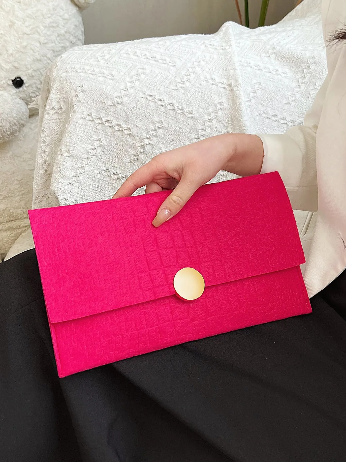 Crocodile Embossed Flap Square Bag -  Hot Pink