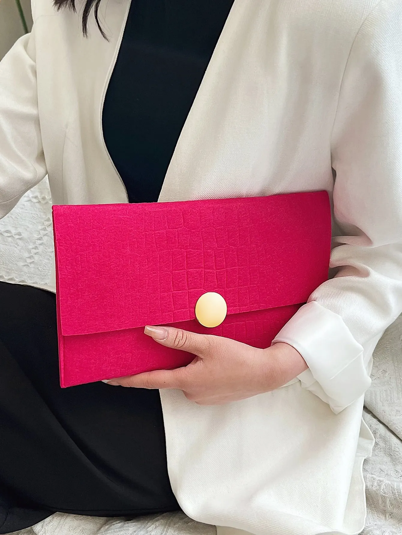 Crocodile Embossed Flap Square Bag -  Hot Pink