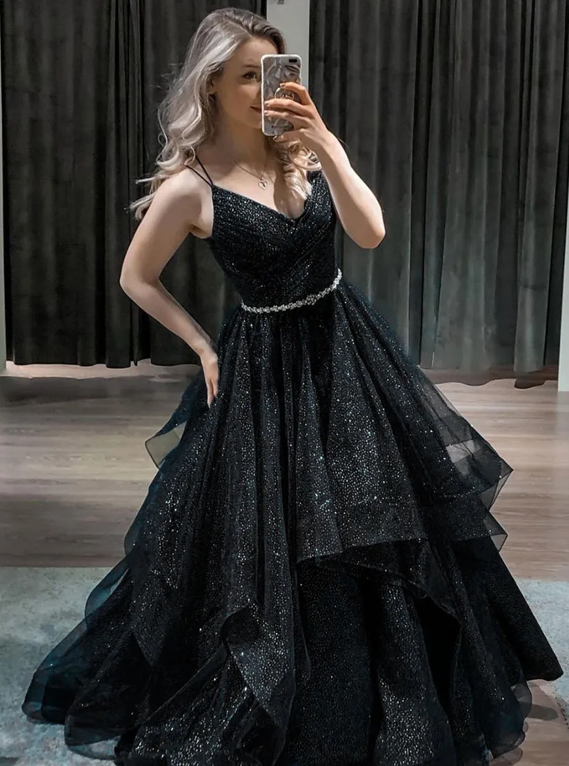 Dark Blue Sleeveless A Line Sequin Long Prom Dresses