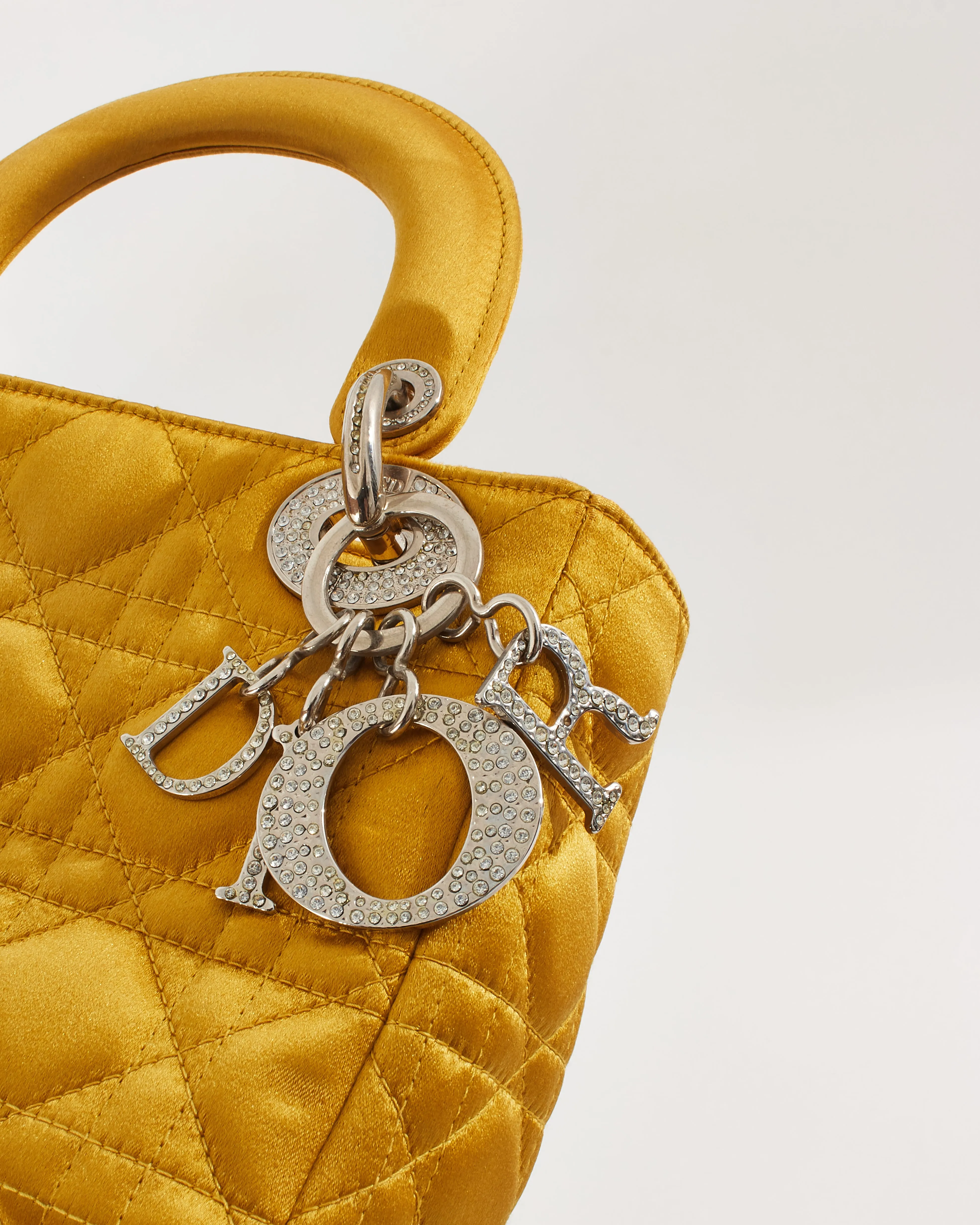 Dior Gold Satin Crystal Embellished Logo Mini Lady Dior Bag