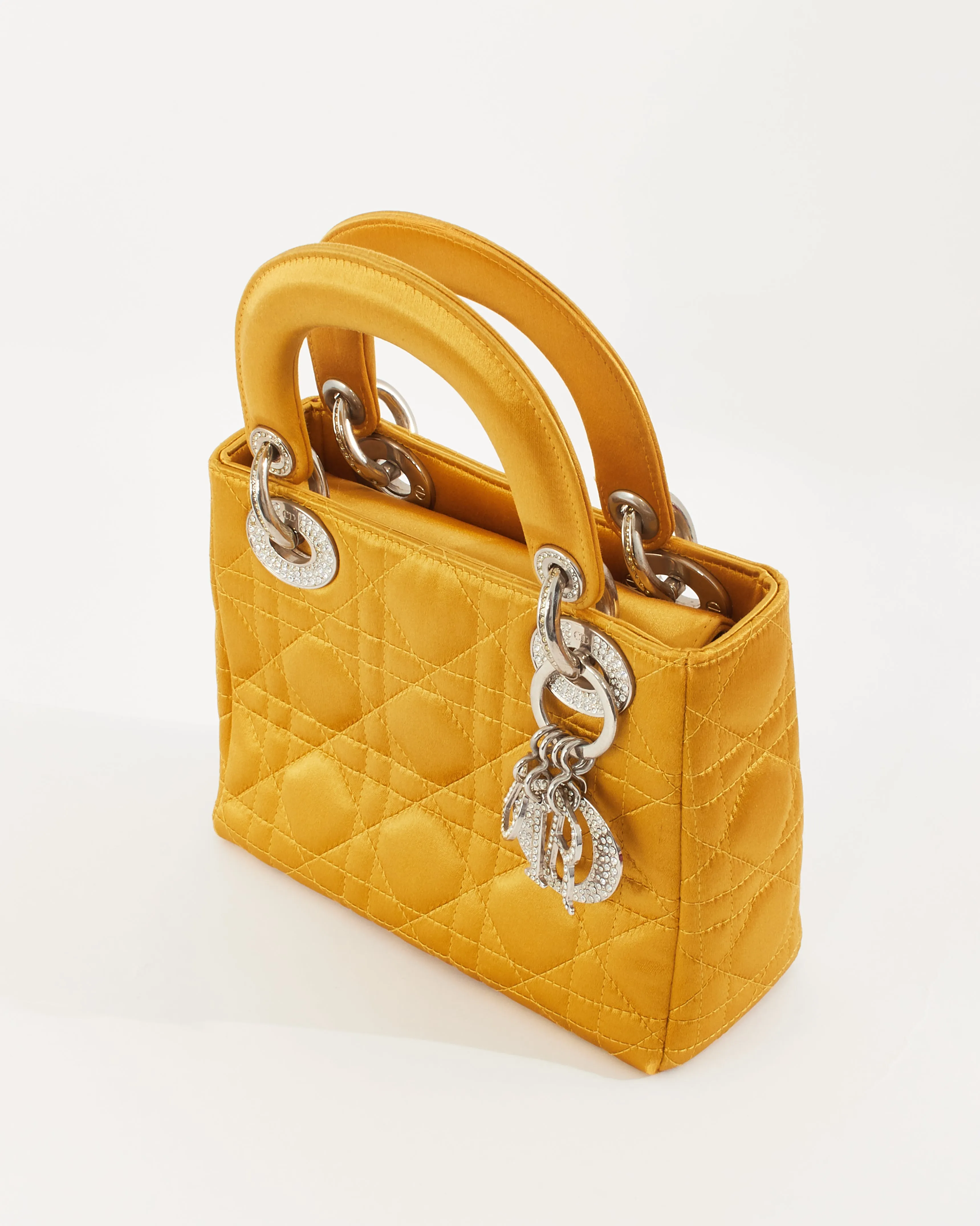 Dior Gold Satin Crystal Embellished Logo Mini Lady Dior Bag