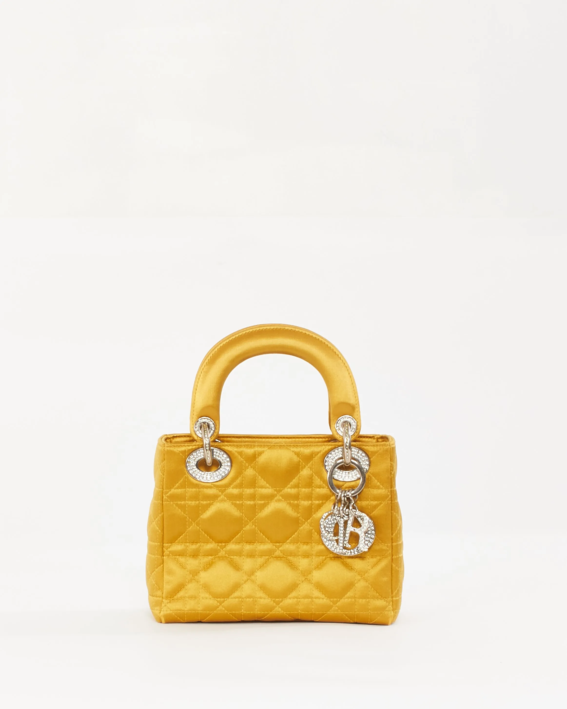 Dior Gold Satin Crystal Embellished Logo Mini Lady Dior Bag