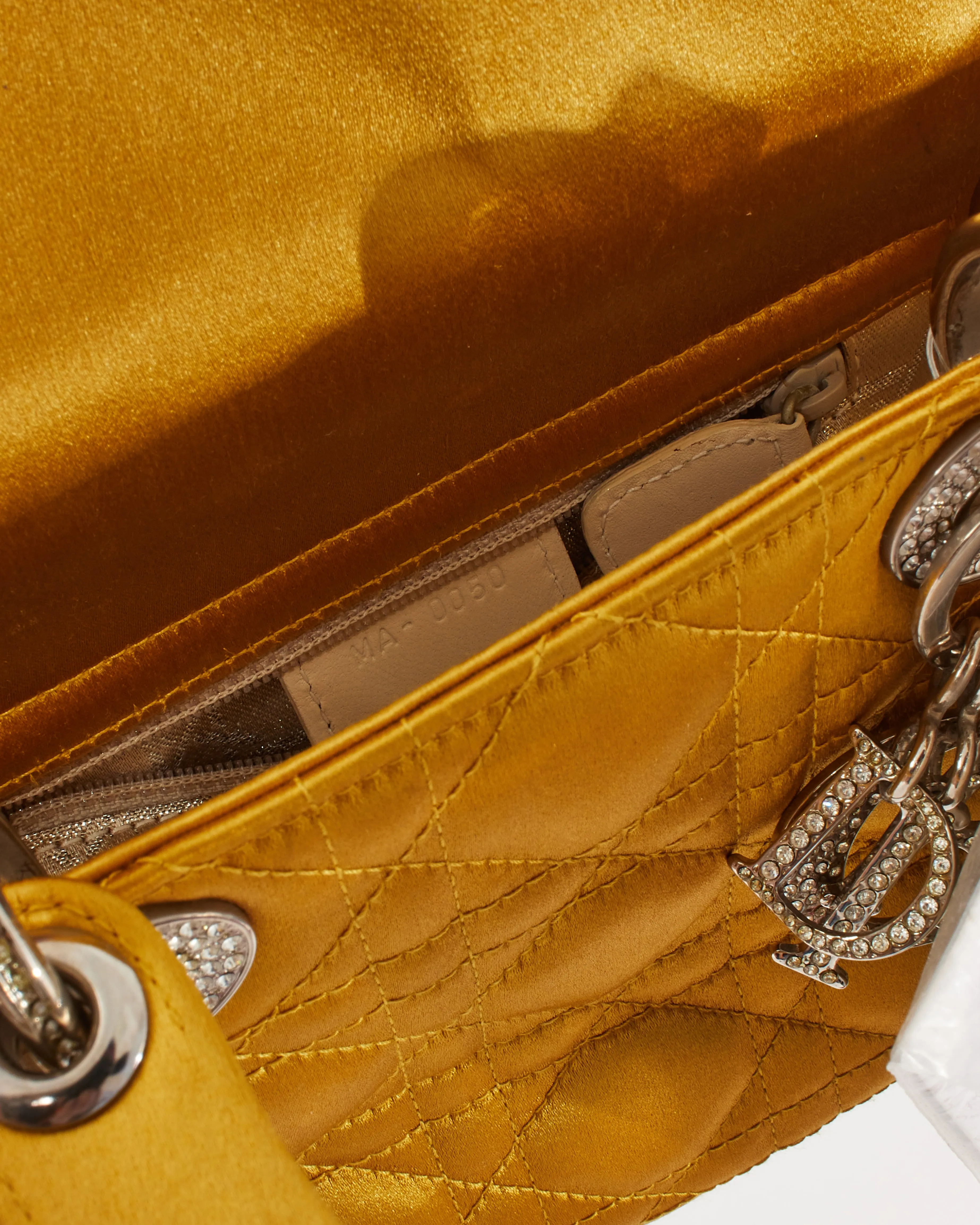 Dior Gold Satin Crystal Embellished Logo Mini Lady Dior Bag