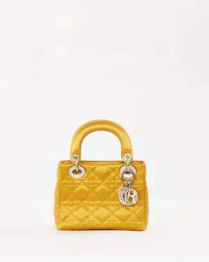 Dior Gold Satin Crystal Embellished Logo Mini Lady Dior Bag