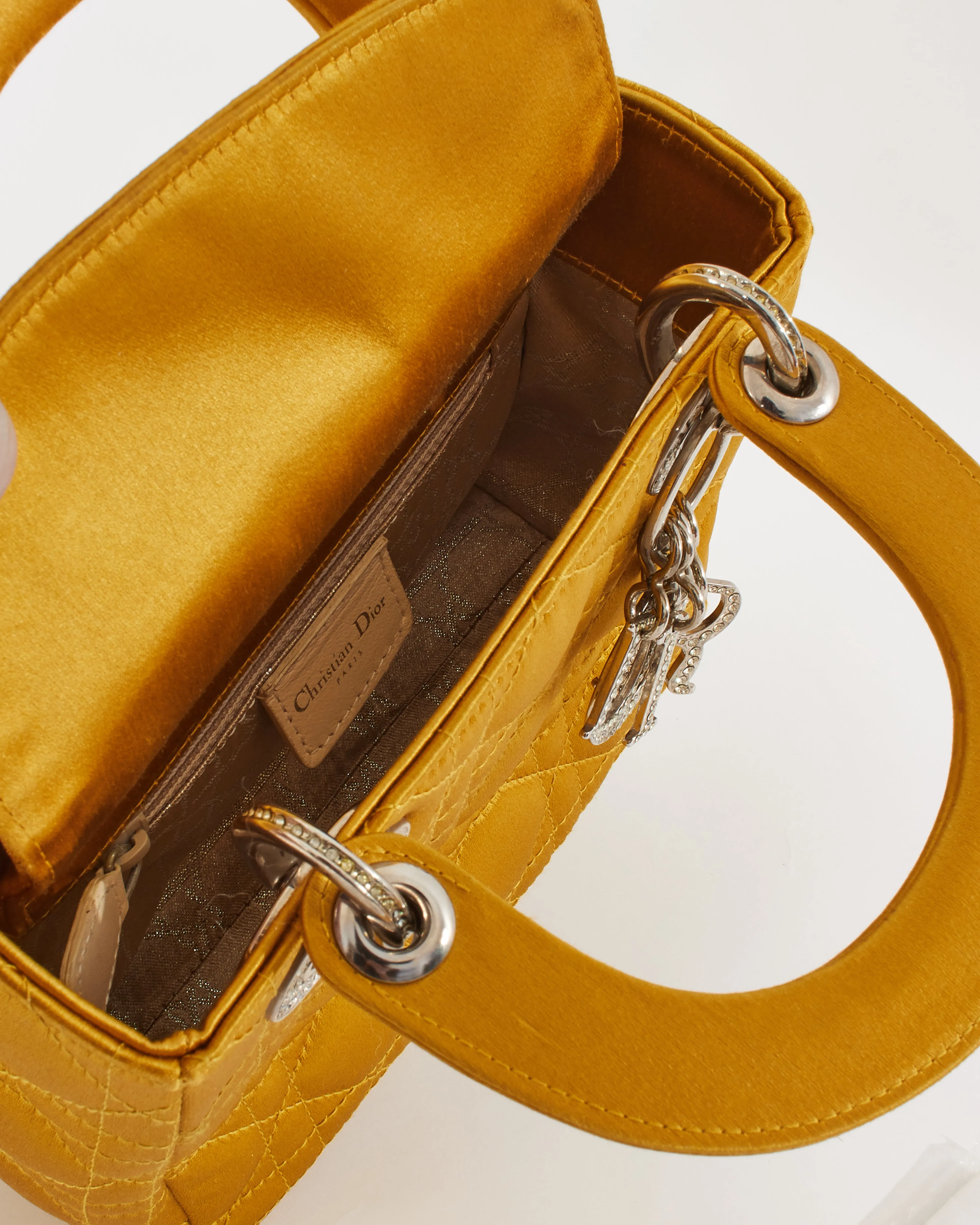 Dior Gold Satin Crystal Embellished Logo Mini Lady Dior Bag