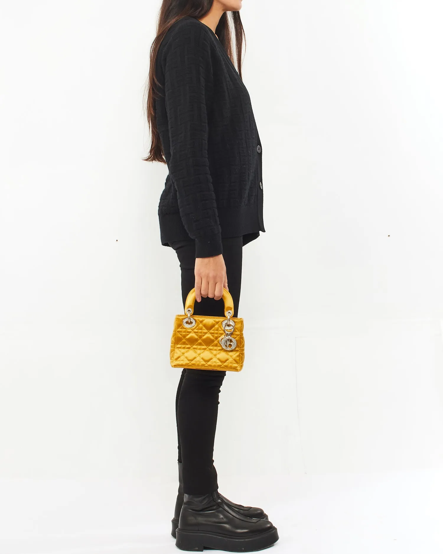 Dior Gold Satin Crystal Embellished Logo Mini Lady Dior Bag