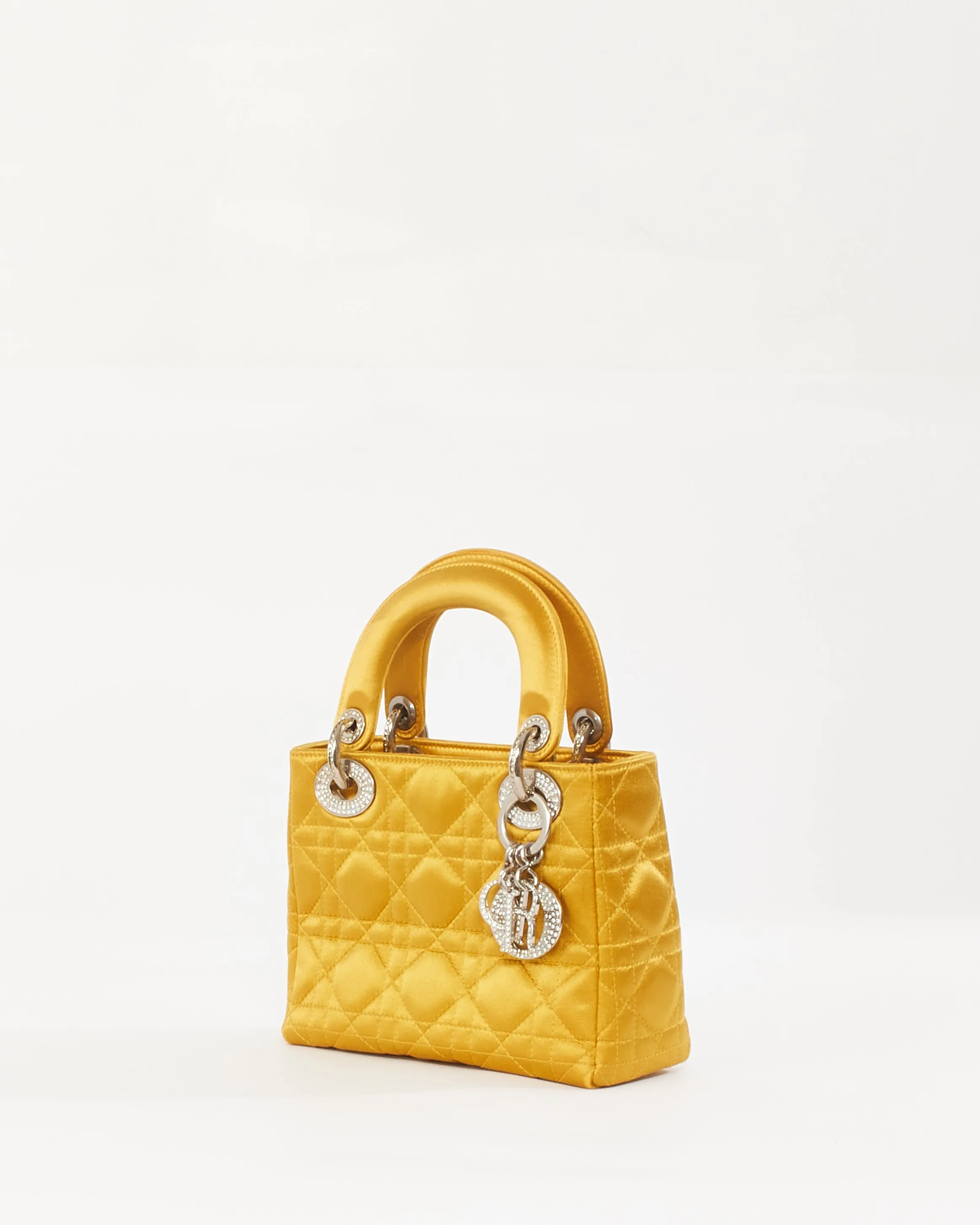 Dior Gold Satin Crystal Embellished Logo Mini Lady Dior Bag