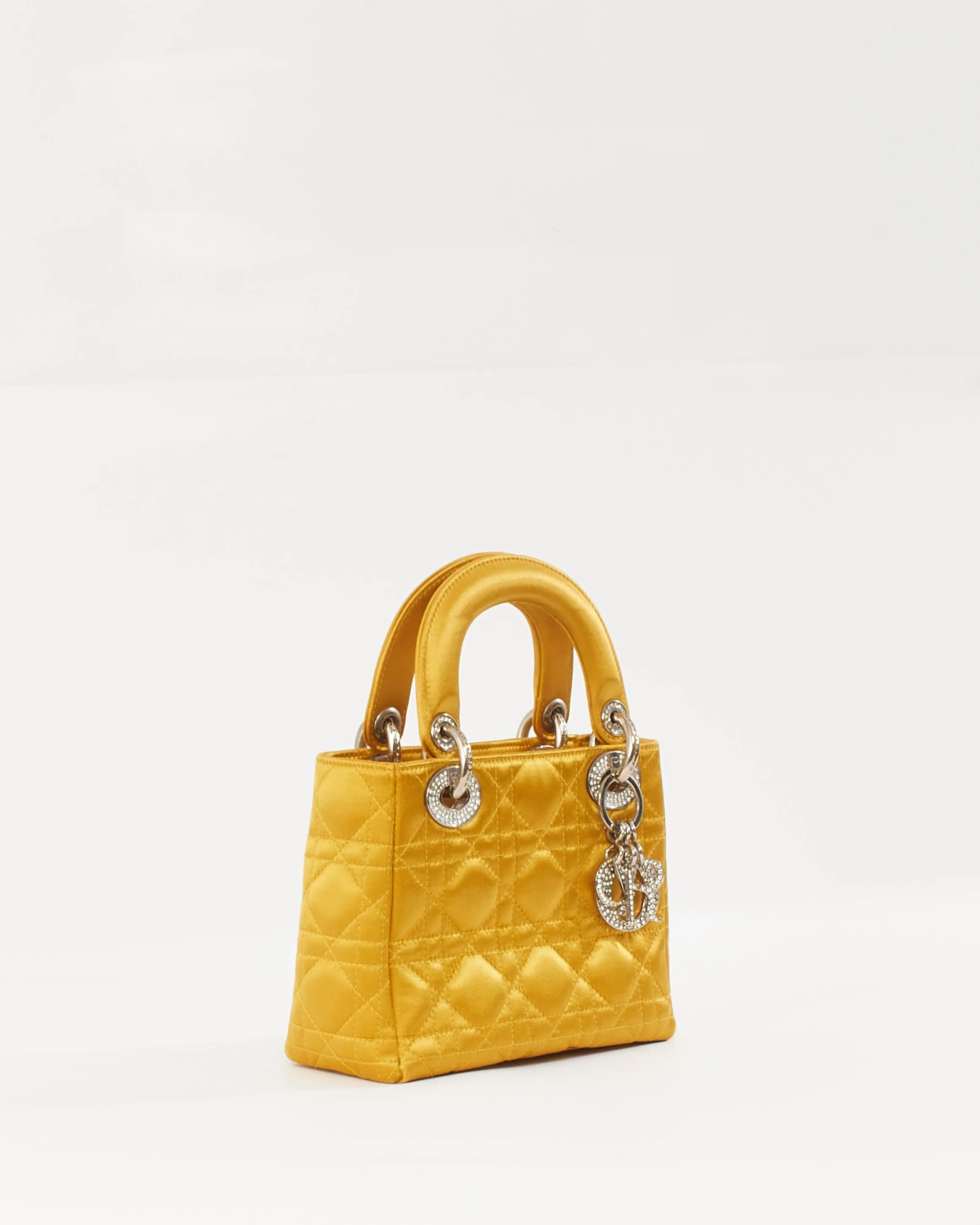 Dior Gold Satin Crystal Embellished Logo Mini Lady Dior Bag