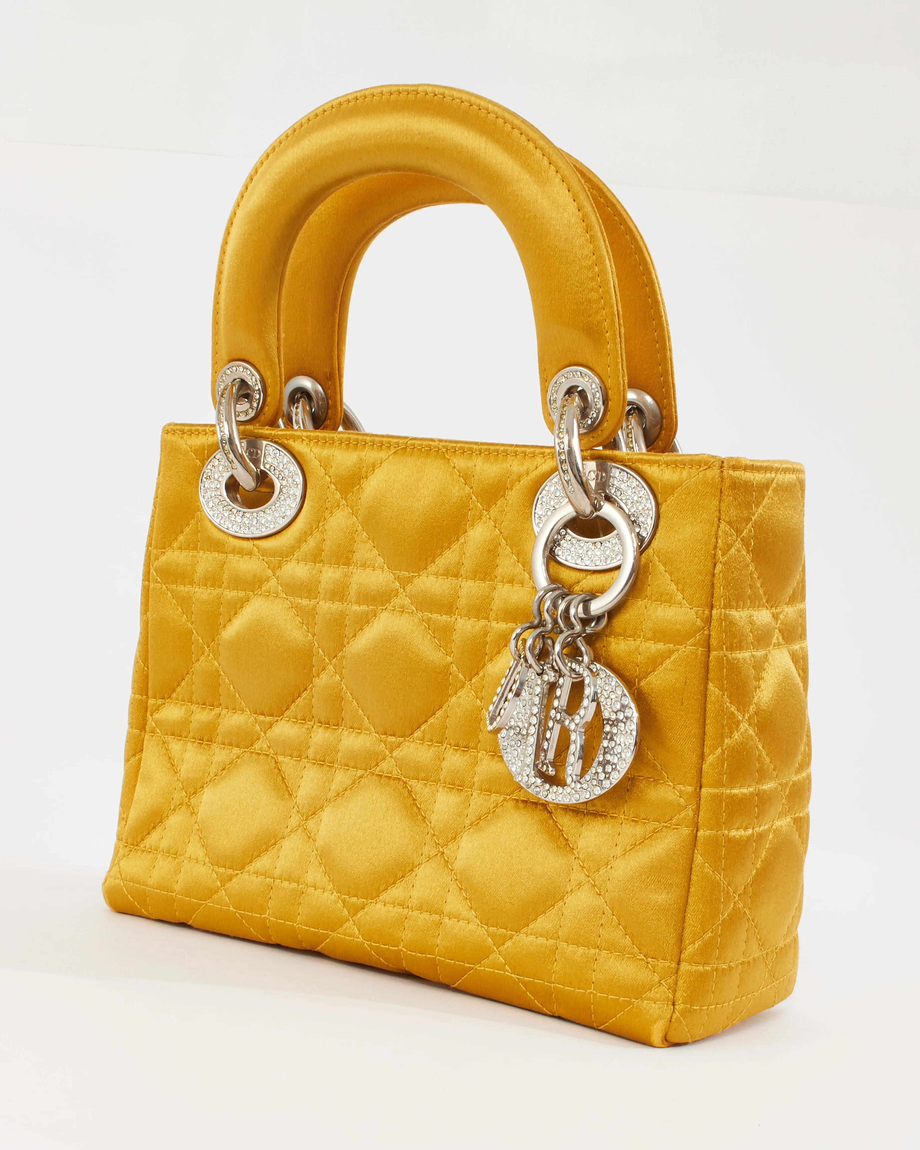 Dior Gold Satin Crystal Embellished Logo Mini Lady Dior Bag