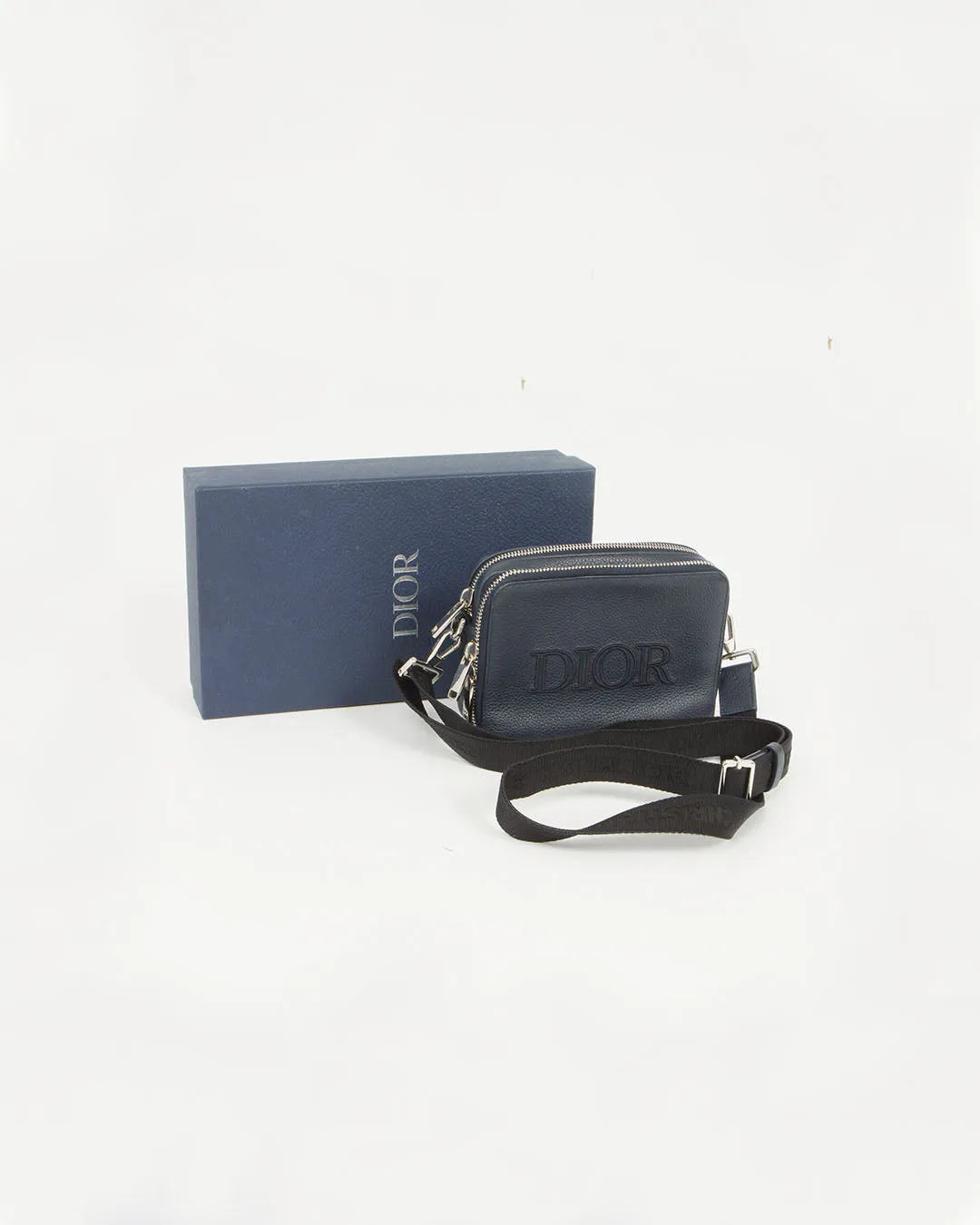 Dior Men Navy Leather Embroidered Signature SLG Wallet On Chain Bag