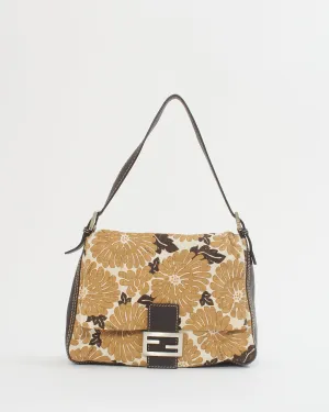Fendi Brown Leather & Canvas Floral Mama Forever Baguette Bag