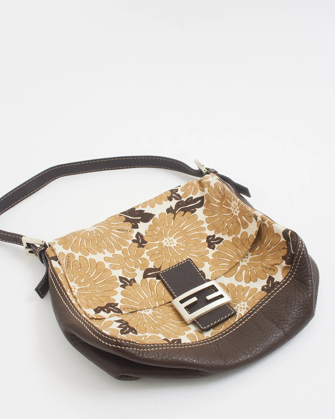 Fendi Brown Leather & Canvas Floral Mama Forever Baguette Bag