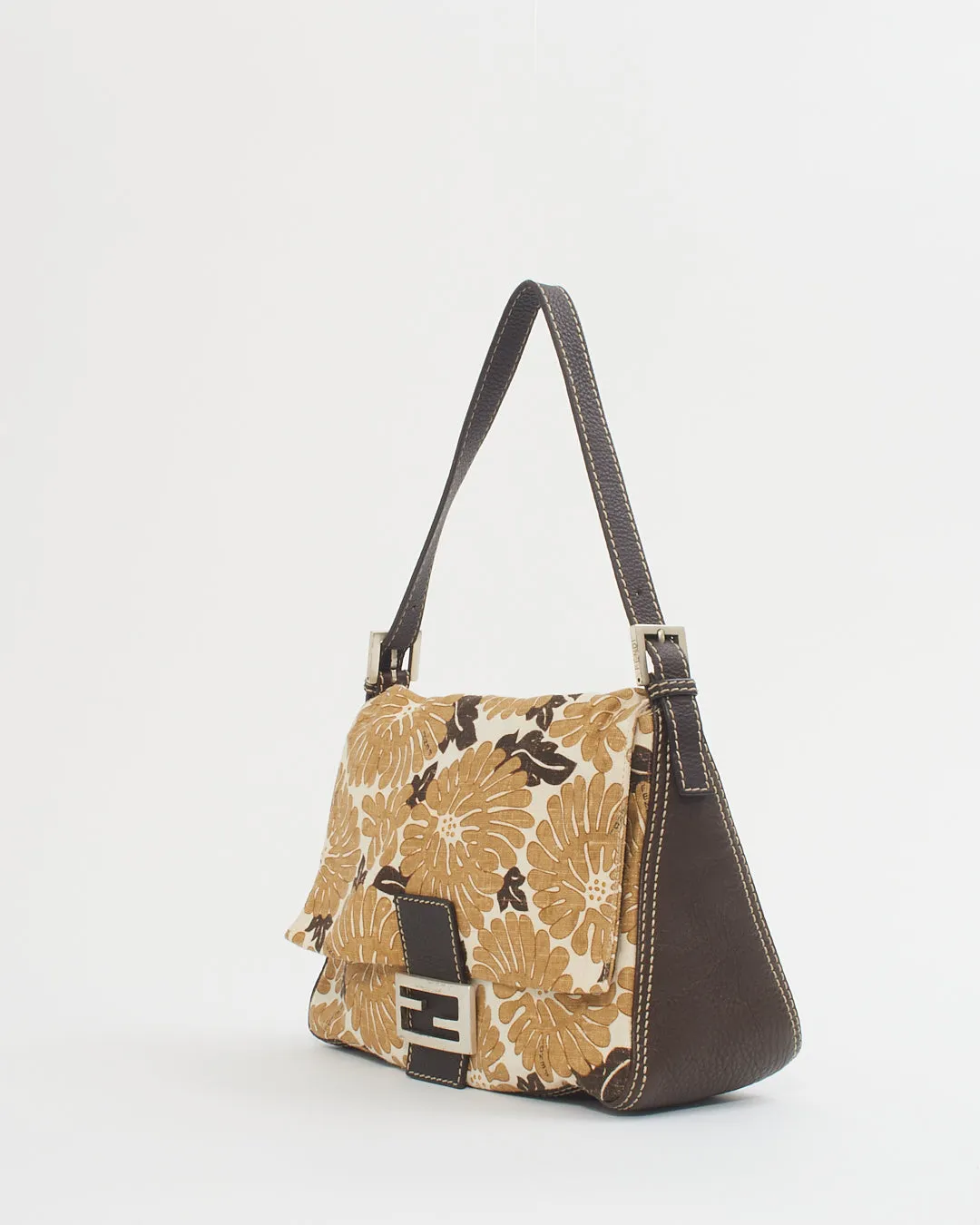 Fendi Brown Leather & Canvas Floral Mama Forever Baguette Bag