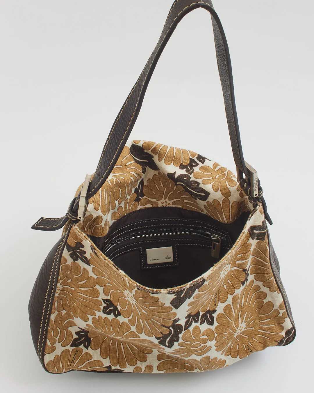 Fendi Brown Leather & Canvas Floral Mama Forever Baguette Bag