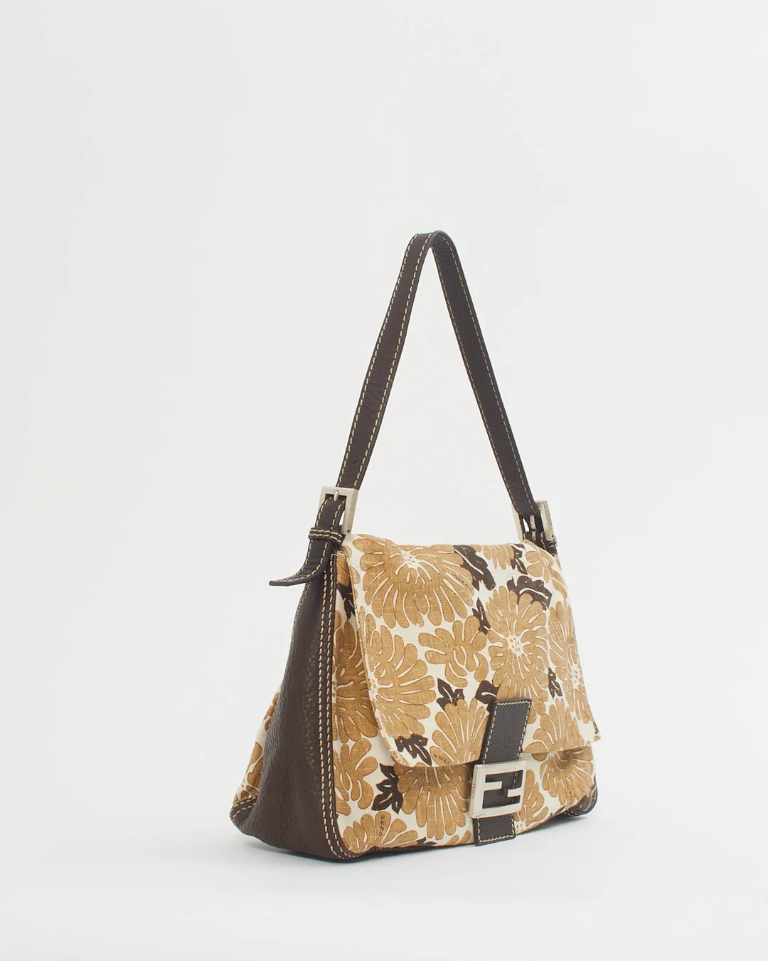 Fendi Brown Leather & Canvas Floral Mama Forever Baguette Bag