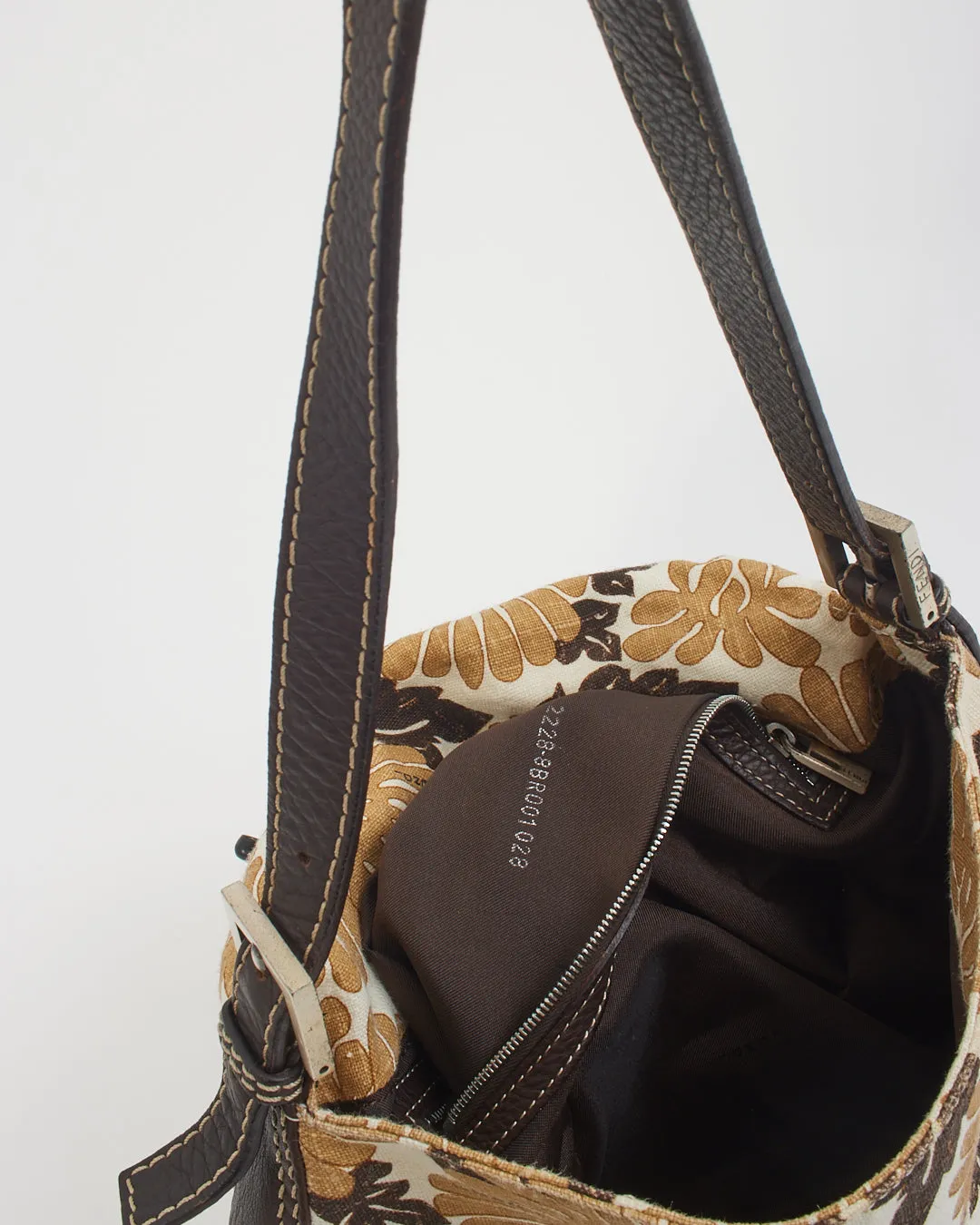 Fendi Brown Leather & Canvas Floral Mama Forever Baguette Bag