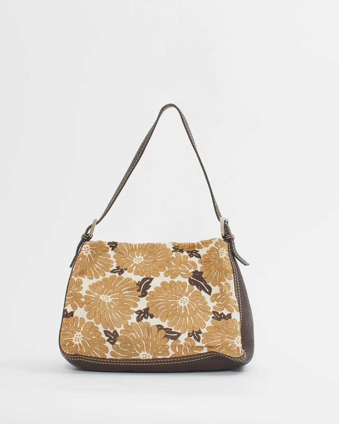 Fendi Brown Leather & Canvas Floral Mama Forever Baguette Bag