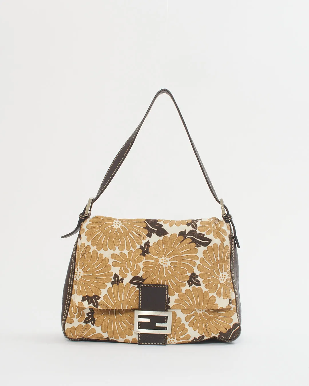 Fendi Brown Leather & Canvas Floral Mama Forever Baguette Bag