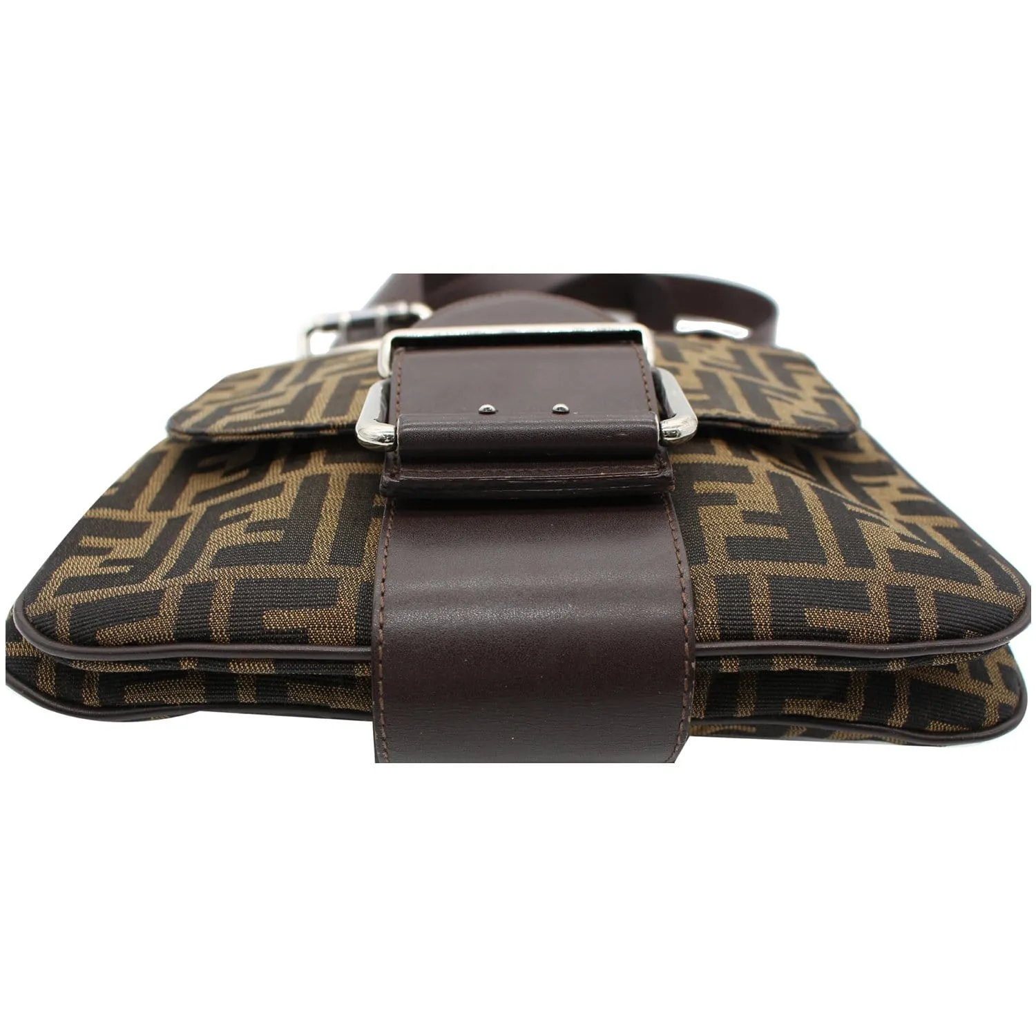FENDI Zucca Canvas Buckle Shoulder Bag Tobacco Brown