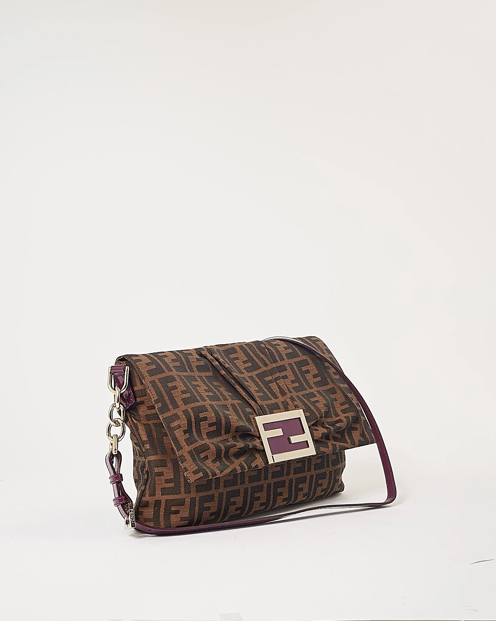 Fendi Zucca Canvas with Purple Patent Leather Large Mia Crossbody Bag