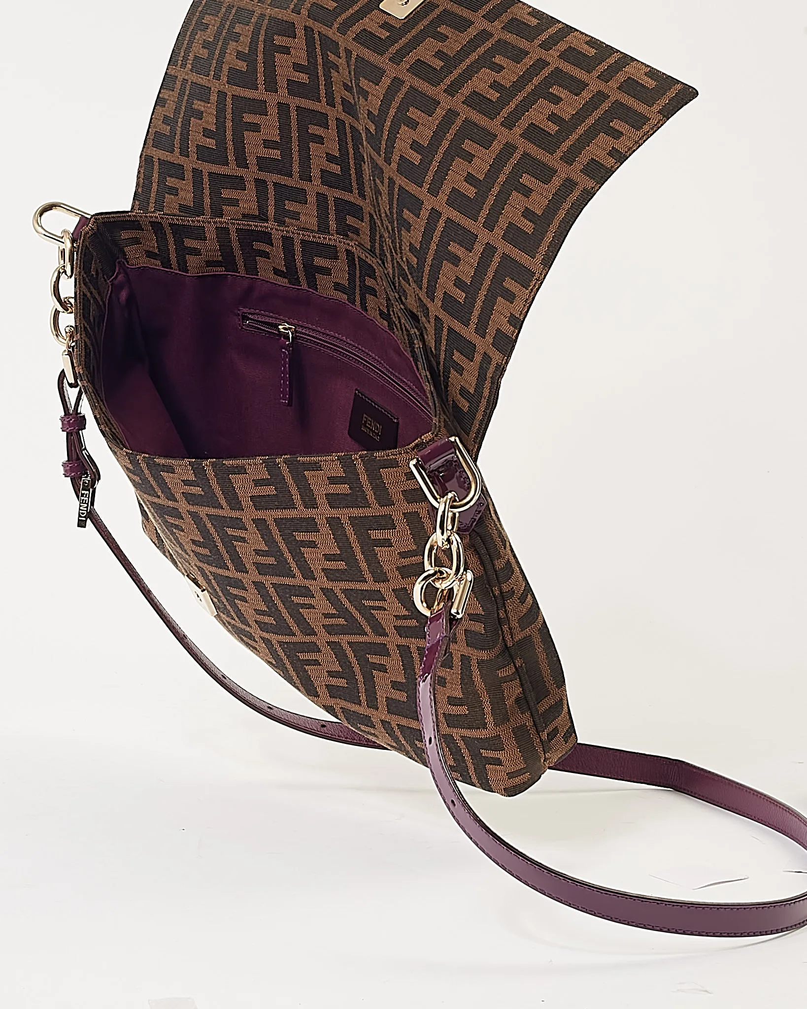Fendi Zucca Canvas with Purple Patent Leather Large Mia Crossbody Bag