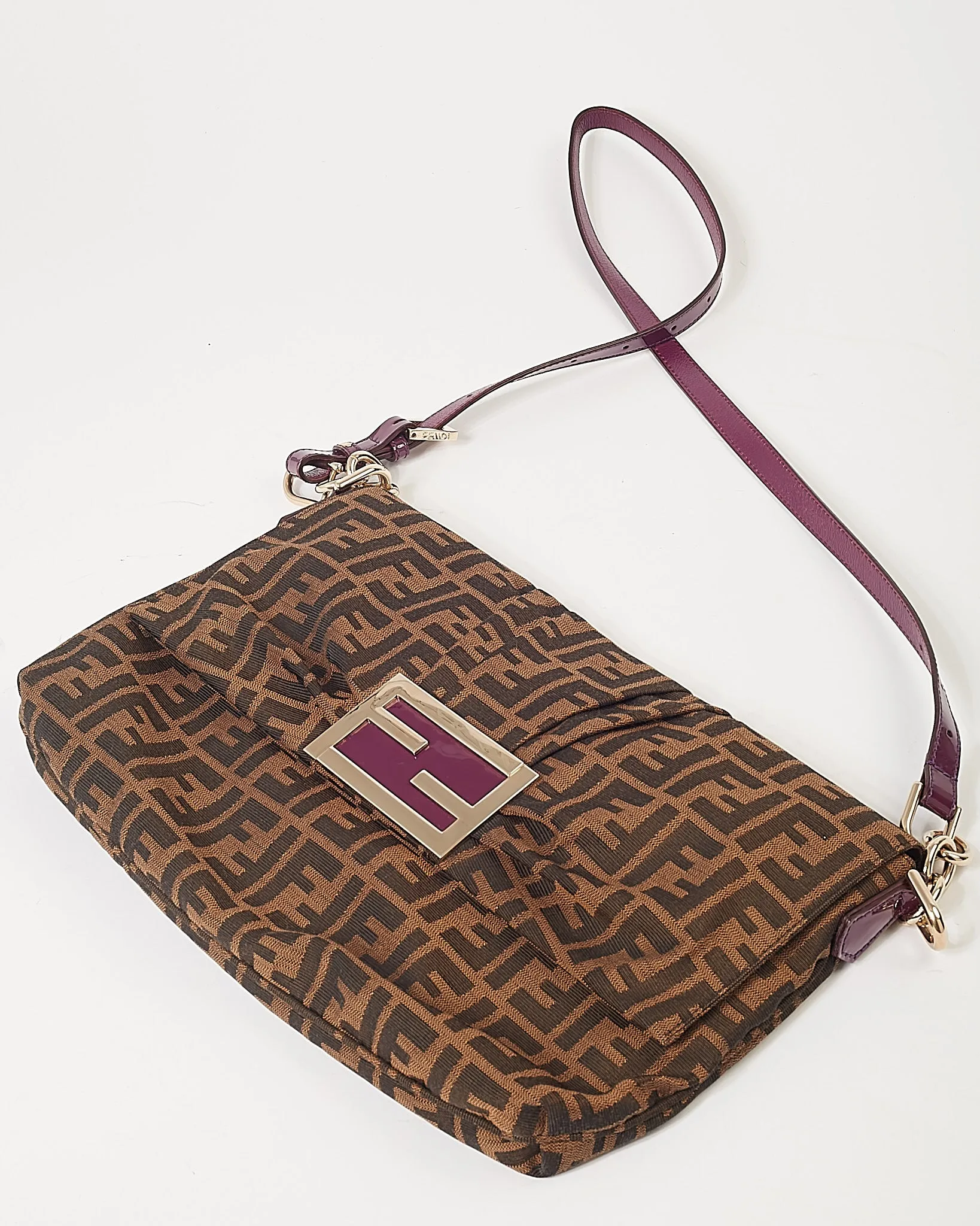 Fendi Zucca Canvas with Purple Patent Leather Large Mia Crossbody Bag
