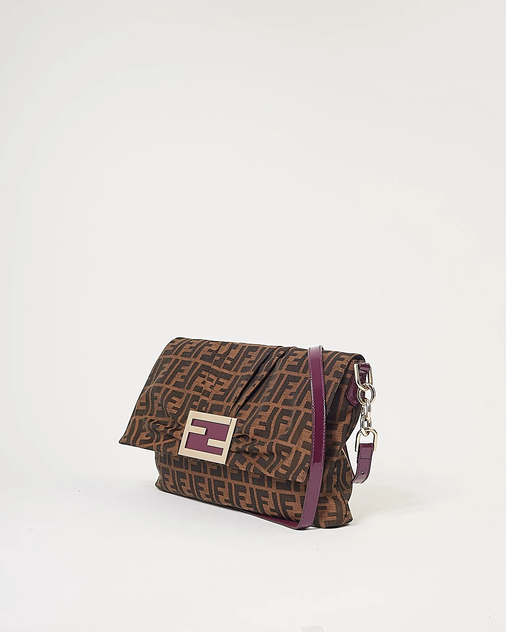 Fendi Zucca Canvas with Purple Patent Leather Large Mia Crossbody Bag