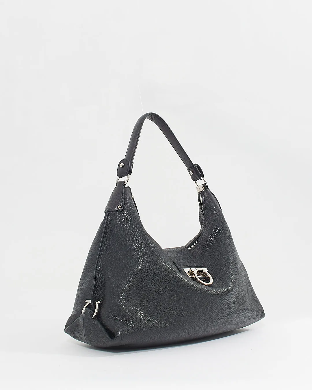 Ferragamo Black Calfskin Gancini Hobo Shoulder Bag
