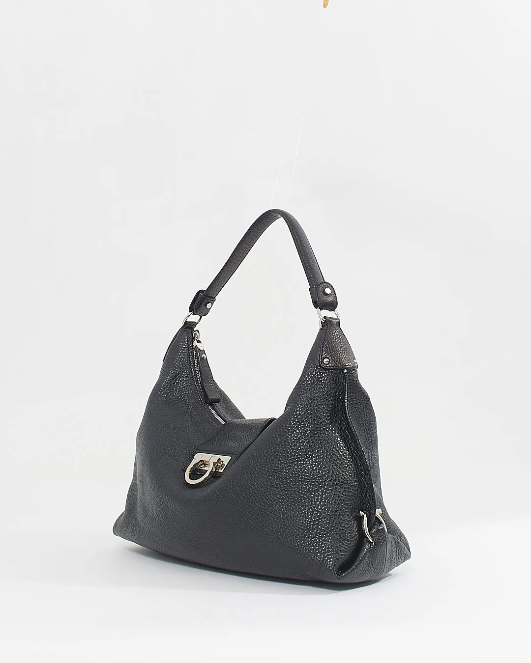 Ferragamo Black Calfskin Gancini Hobo Shoulder Bag