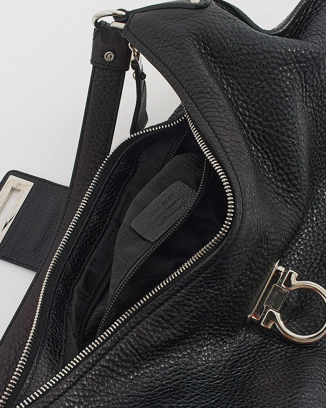 Ferragamo Black Calfskin Gancini Hobo Shoulder Bag