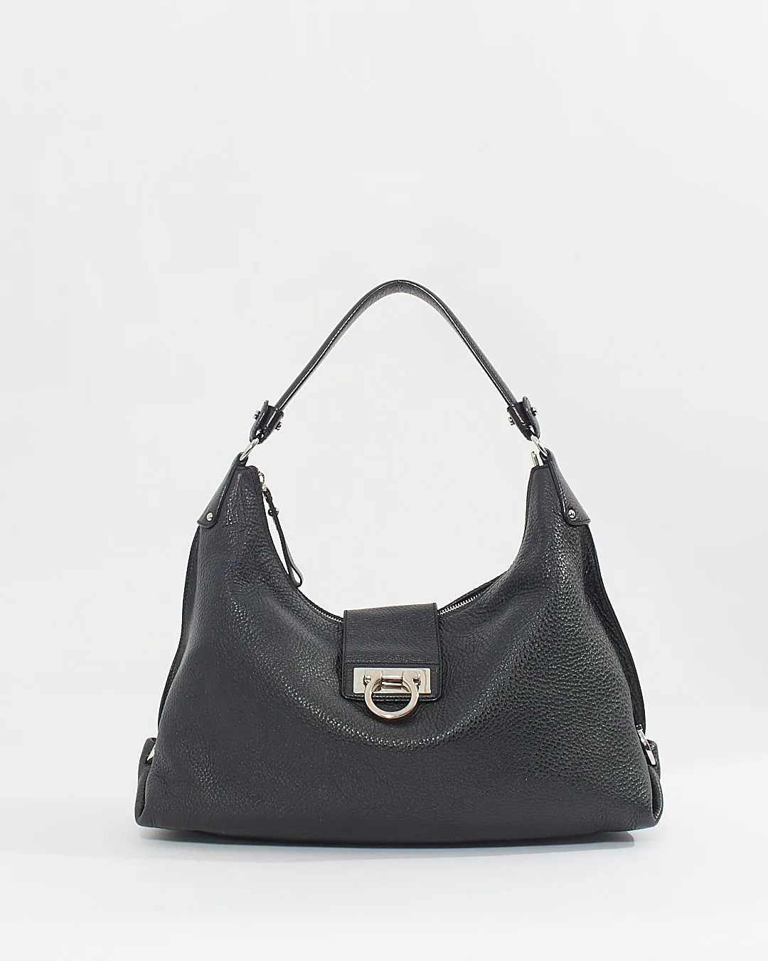 Ferragamo Black Calfskin Gancini Hobo Shoulder Bag