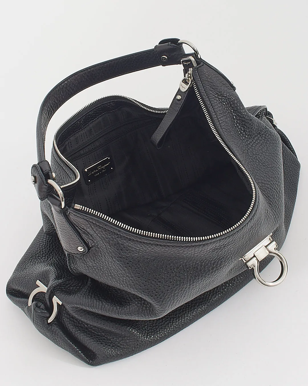 Ferragamo Black Calfskin Gancini Hobo Shoulder Bag
